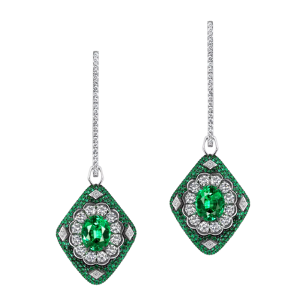 Серьги с изумрудами и бриллиантами, белое золото