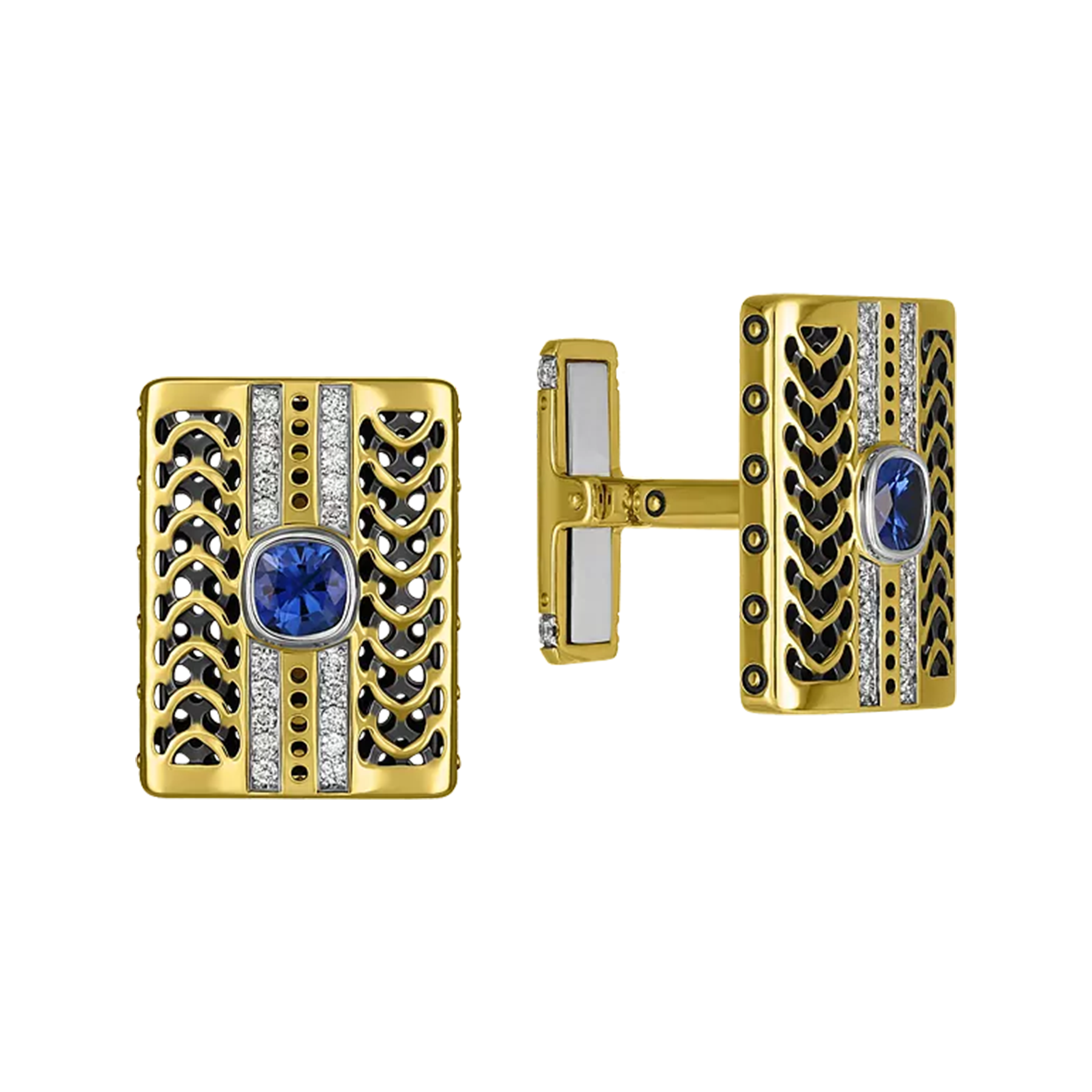 Запонки с сапфирами и бриллиантами, желтое золото