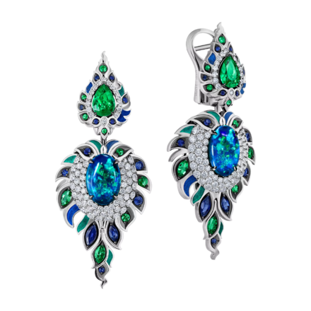 Серьги с опалами, бриллиантами, изумрудами и сапфирами, белое золото, н.керамика