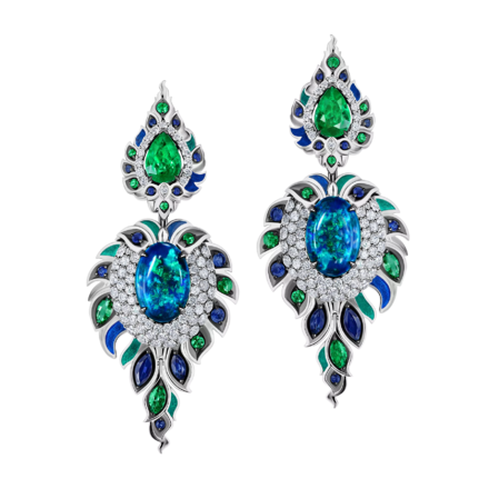 Серьги с опалами, бриллиантами, изумрудами и сапфирами, белое золото, н.керамика 2
