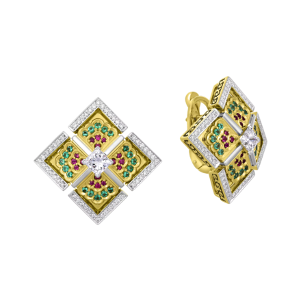 Серьги с бриллиантами, изумрудами и рубинами, жёлтое и белое золото