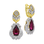 Серьги с рубеллитами и бриллиантами, желтое золото