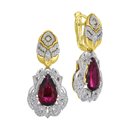 Серьги с рубеллитами и бриллиантами, желтое золото