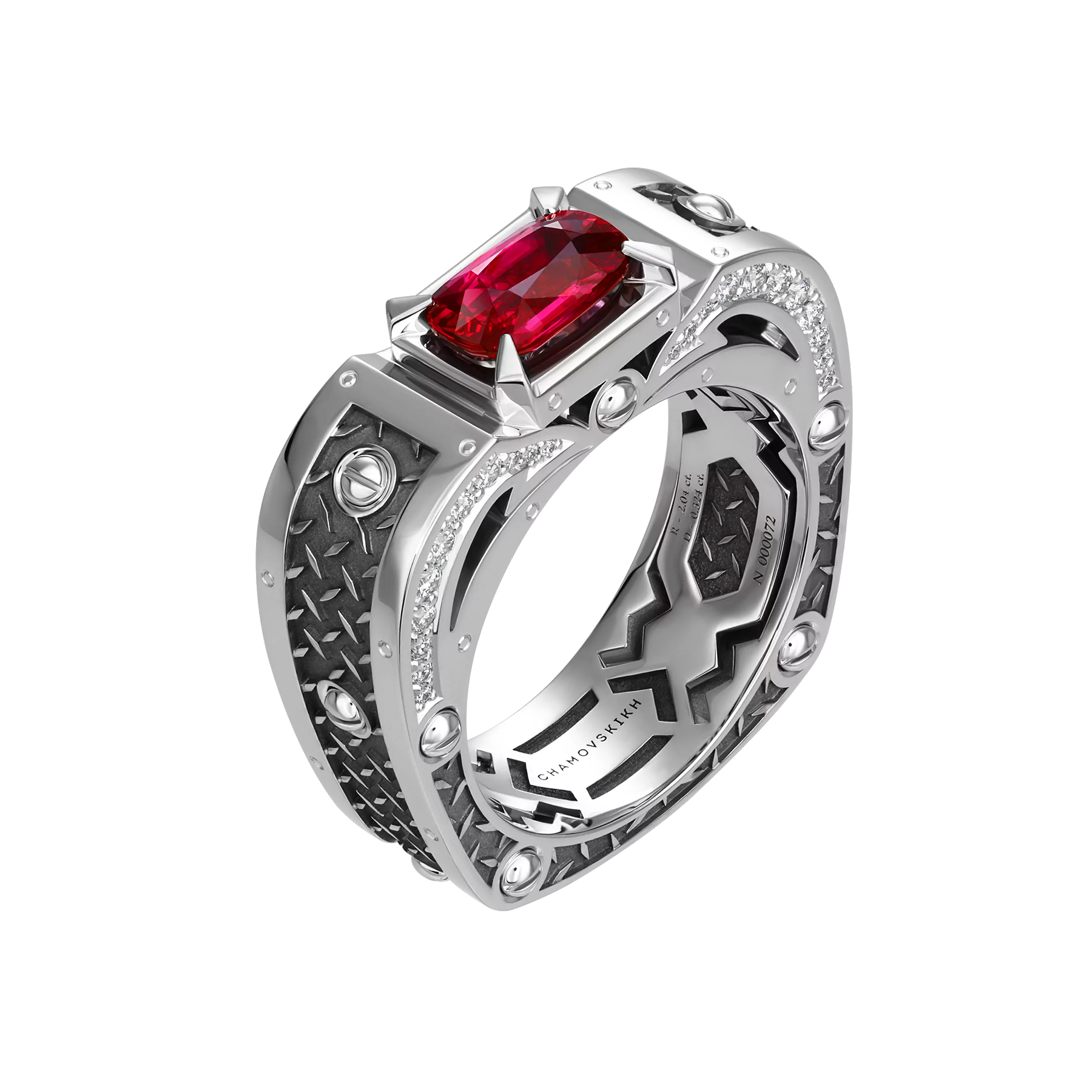 Кольцо с рубином и бриллиантами, белое золото