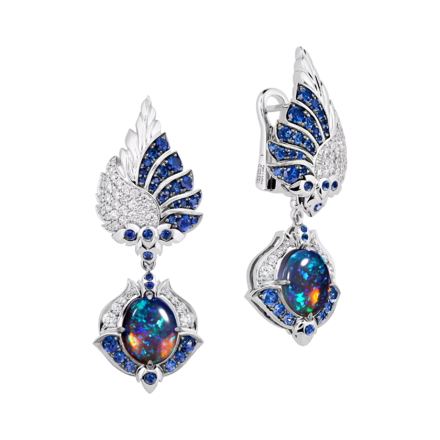 Серьги с опалами, бриллиантами и сапфирами, белое золото