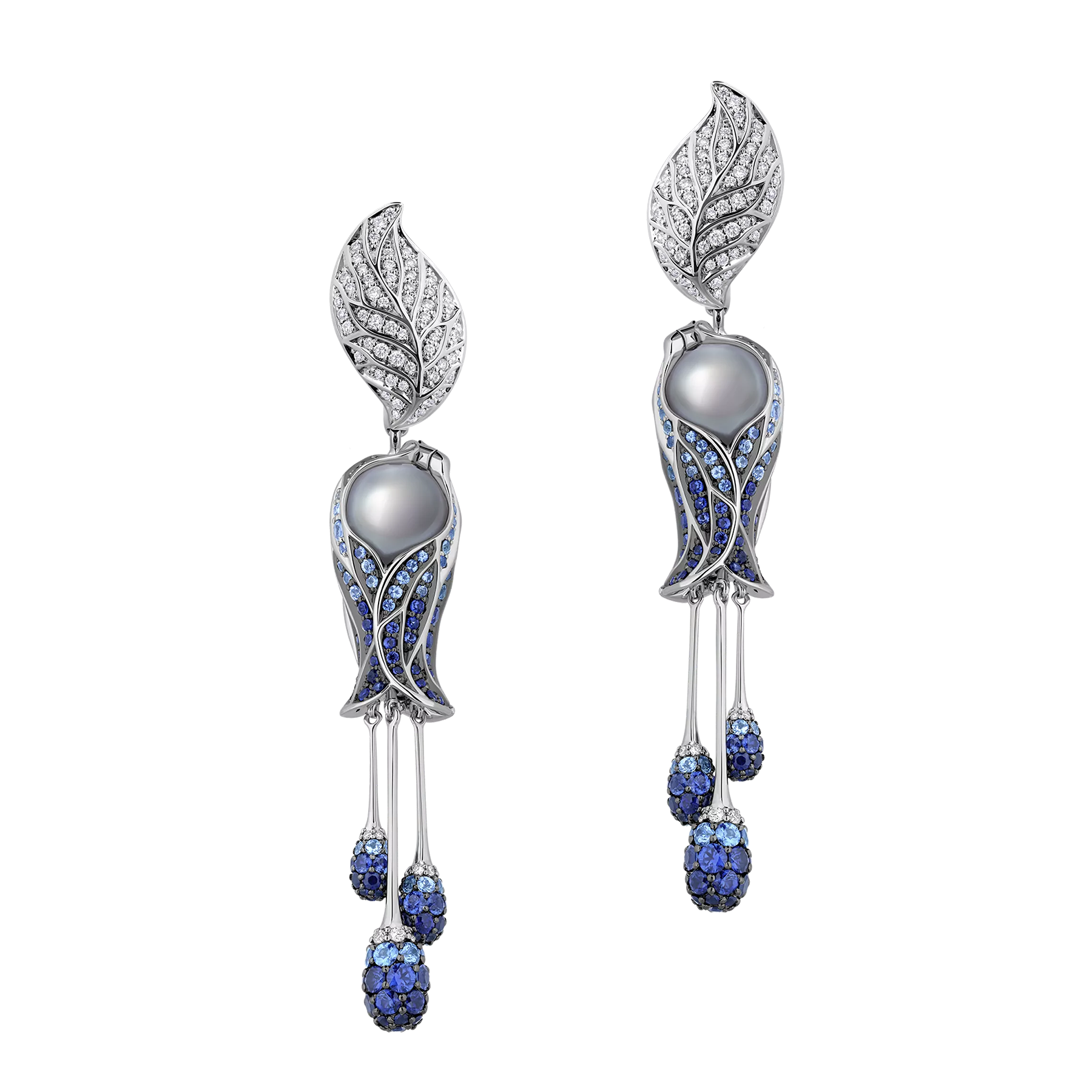 Серьги с жемчугом, бриллиантами и сапфирами, белое золото