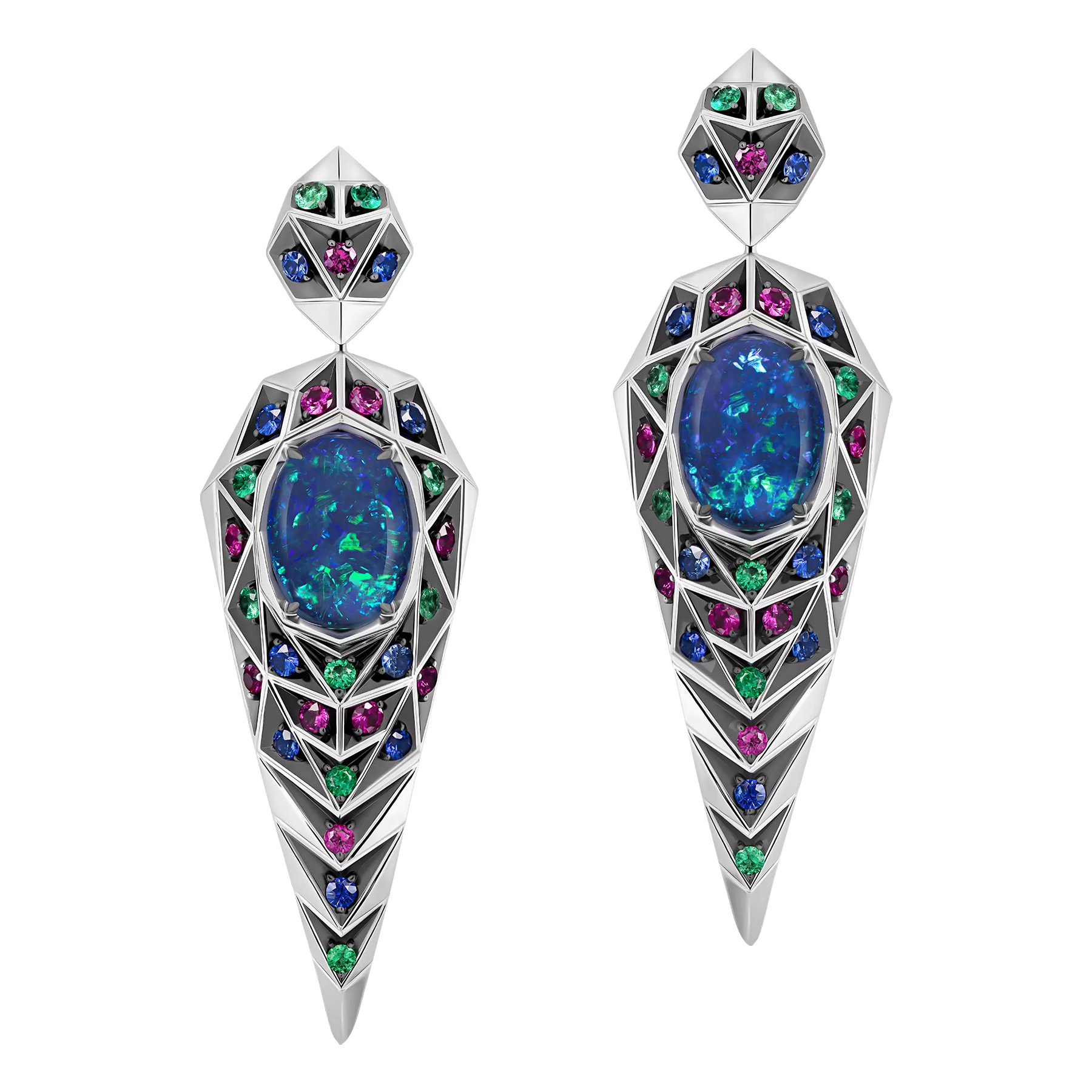 Серьги с опалами, изумрудами, рубинами и сапфирами, белое золото