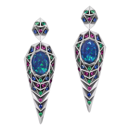 Серьги с опалами, изумрудами, рубинами и сапфирами, белое золото