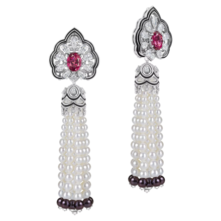 Серьги с рубеллитами, бриллиантами и жемчугом, белое золото, н.керамика