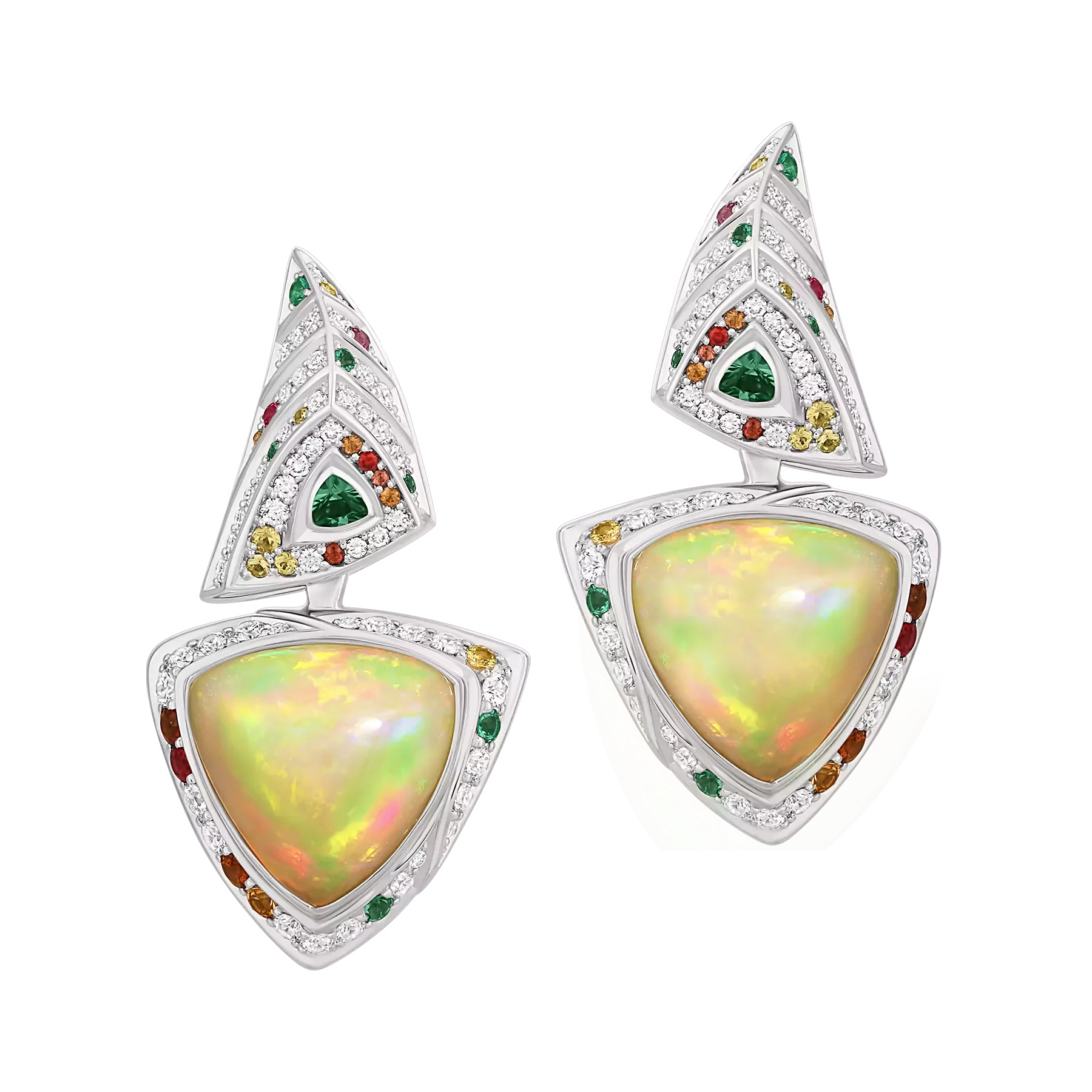 Серьги с опалами, бриллиантами, изумрудами и сапфирами, белое золото