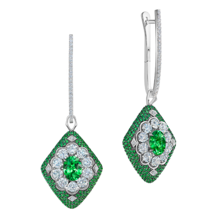 Серьги с тсаворитами и бриллиантами, белое золото