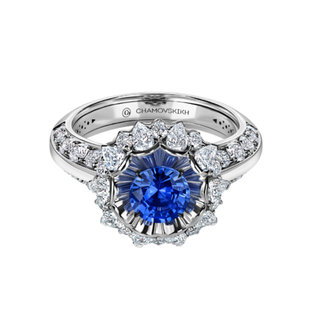 Кольцо с сапфиром и бриллиантами, белое золото 2