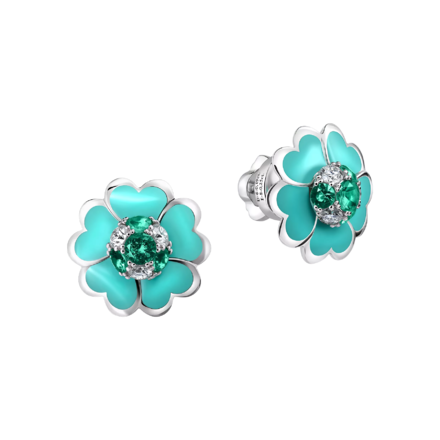 Пусеты с бриллиантами и изумрудами, белое золото, н.керамика