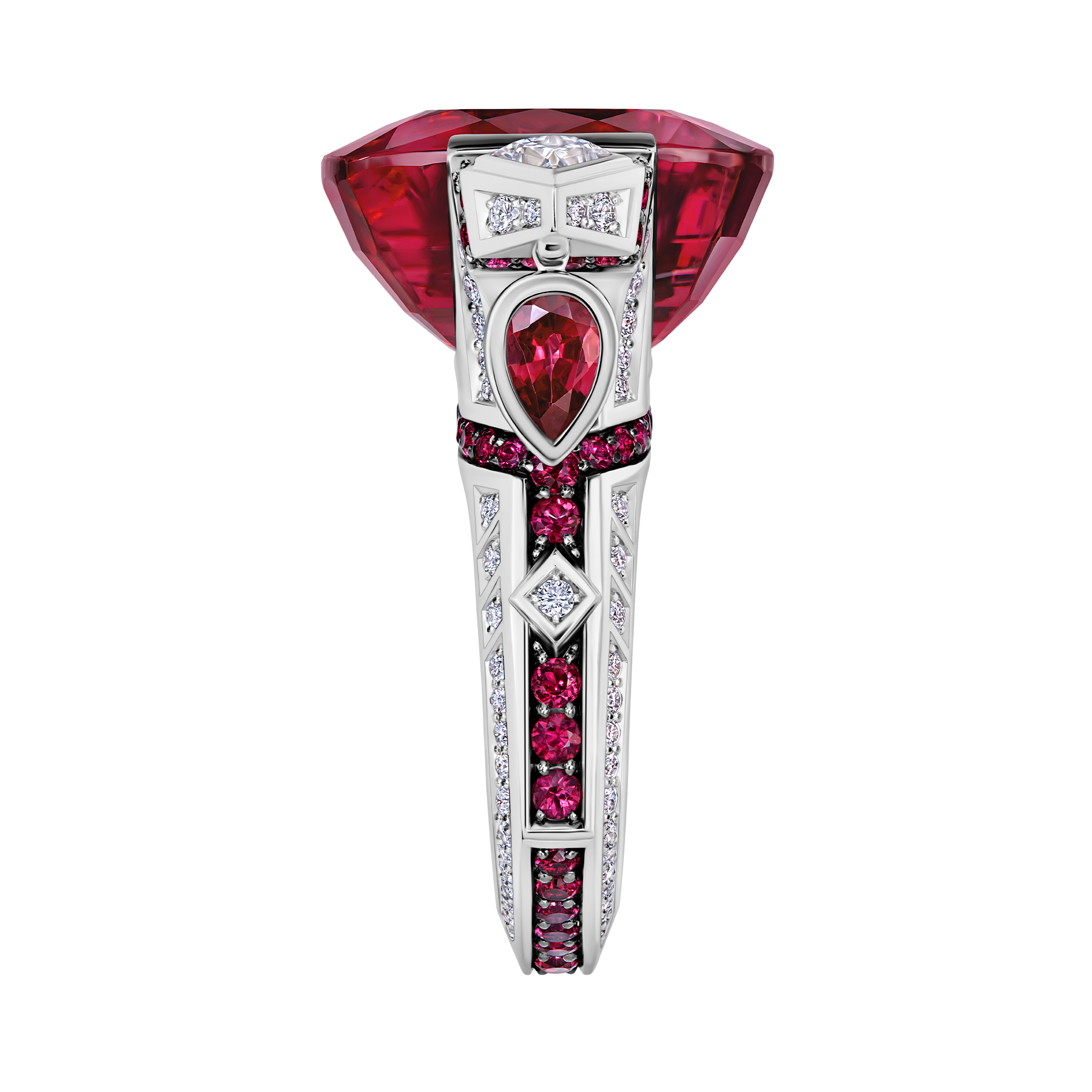 Кольцо с турмалином рубеллит, бриллиантами и рубинами, белое золото