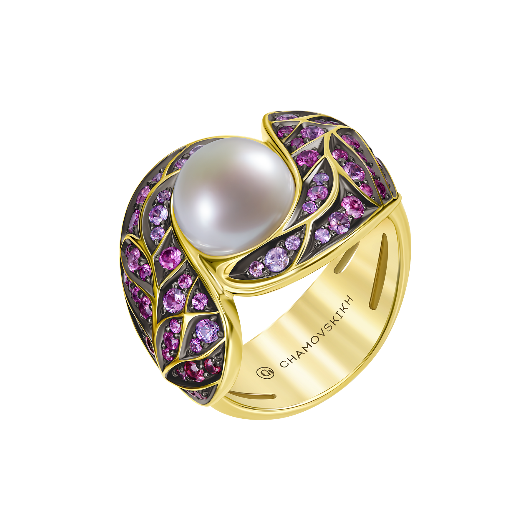 Кольцо с жемчугом, рубинами и сапфирами, желтое золото