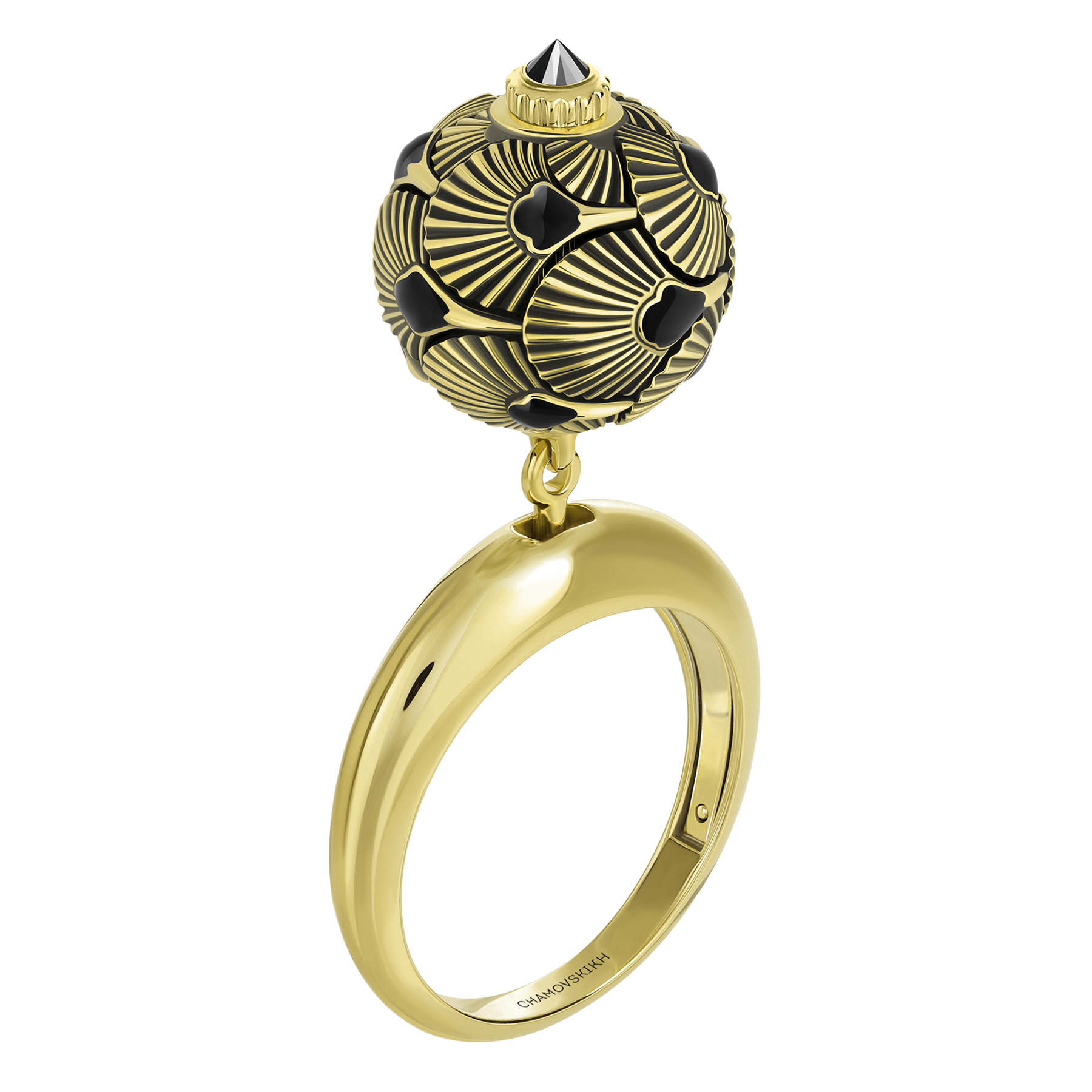 Кольцо с черным бриллиантом, желтое золото, н.керамика