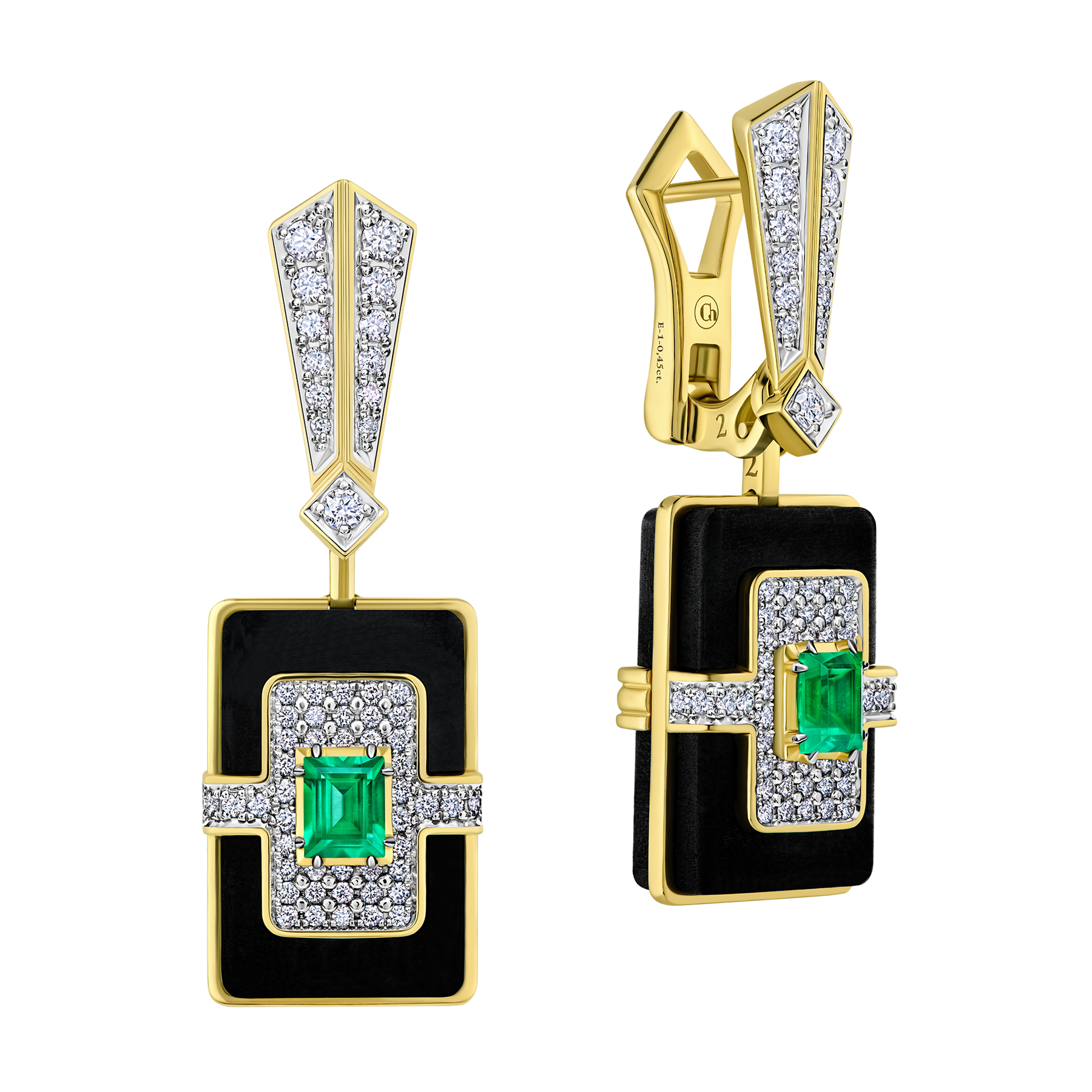 Серьги с изумрудами и бриллиантами, желтое золото, н.керамика, эбеновое дерево