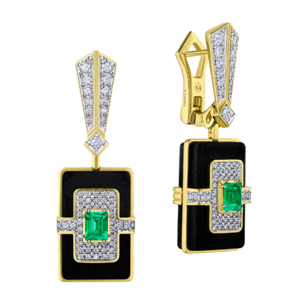 Серьги с изумрудами и бриллиантами, желтое золото, н.керамика, эбеновое дерево