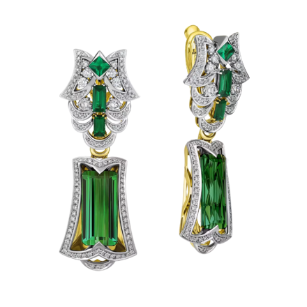 Серьги с турмалинами верделитами, бриллиантами и изумрудами, жёлтое и белое золото