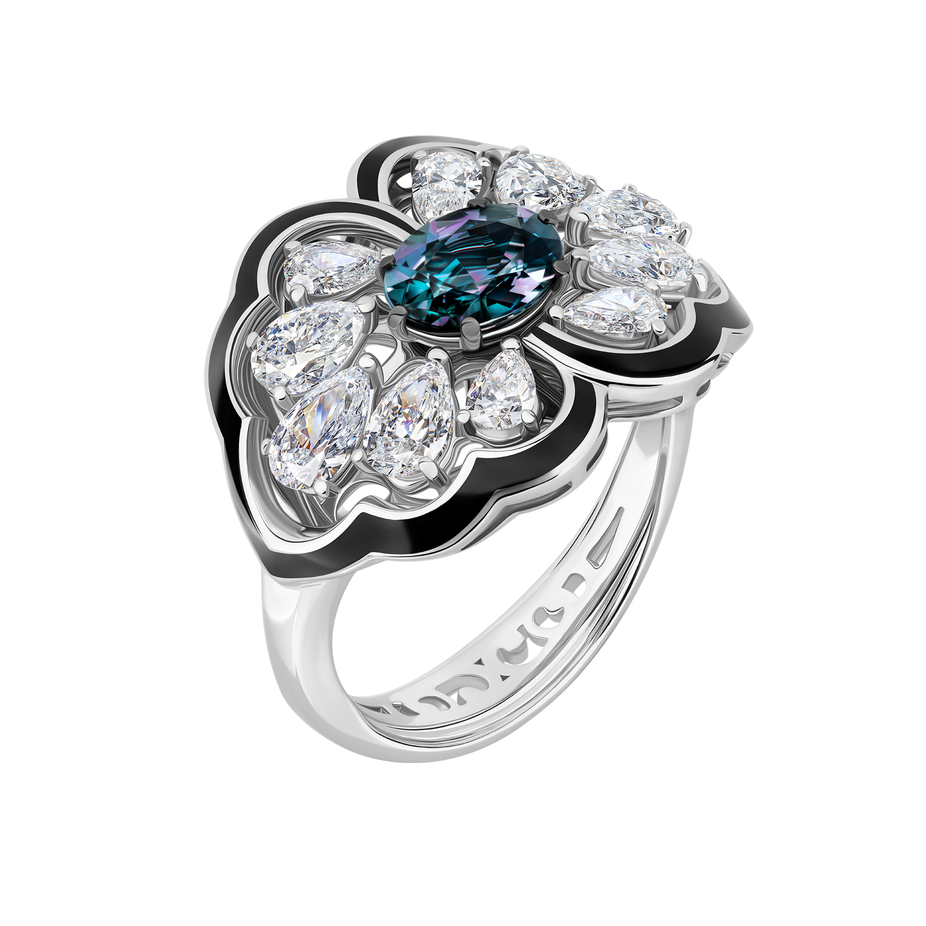 Кольцо с александритом, бриллиантами и жемчугом, белое золото, н.керамика