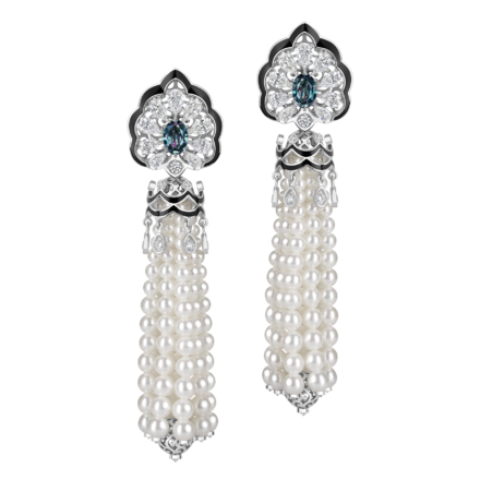 Серьги с александритами, бриллиантами и жемчугом, белое золото, н.керамика