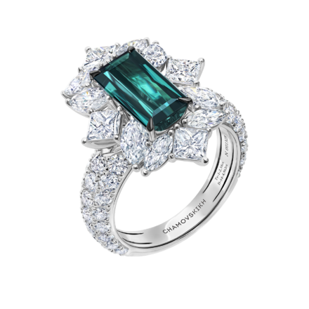 Кольцо с турмалином индиголитом и бриллиантами, белое золото