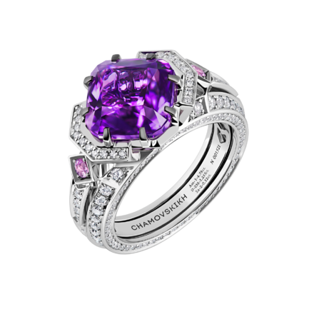 Кольцо с аметистом, бриллиантами и розовыми сапфирами, белое золото