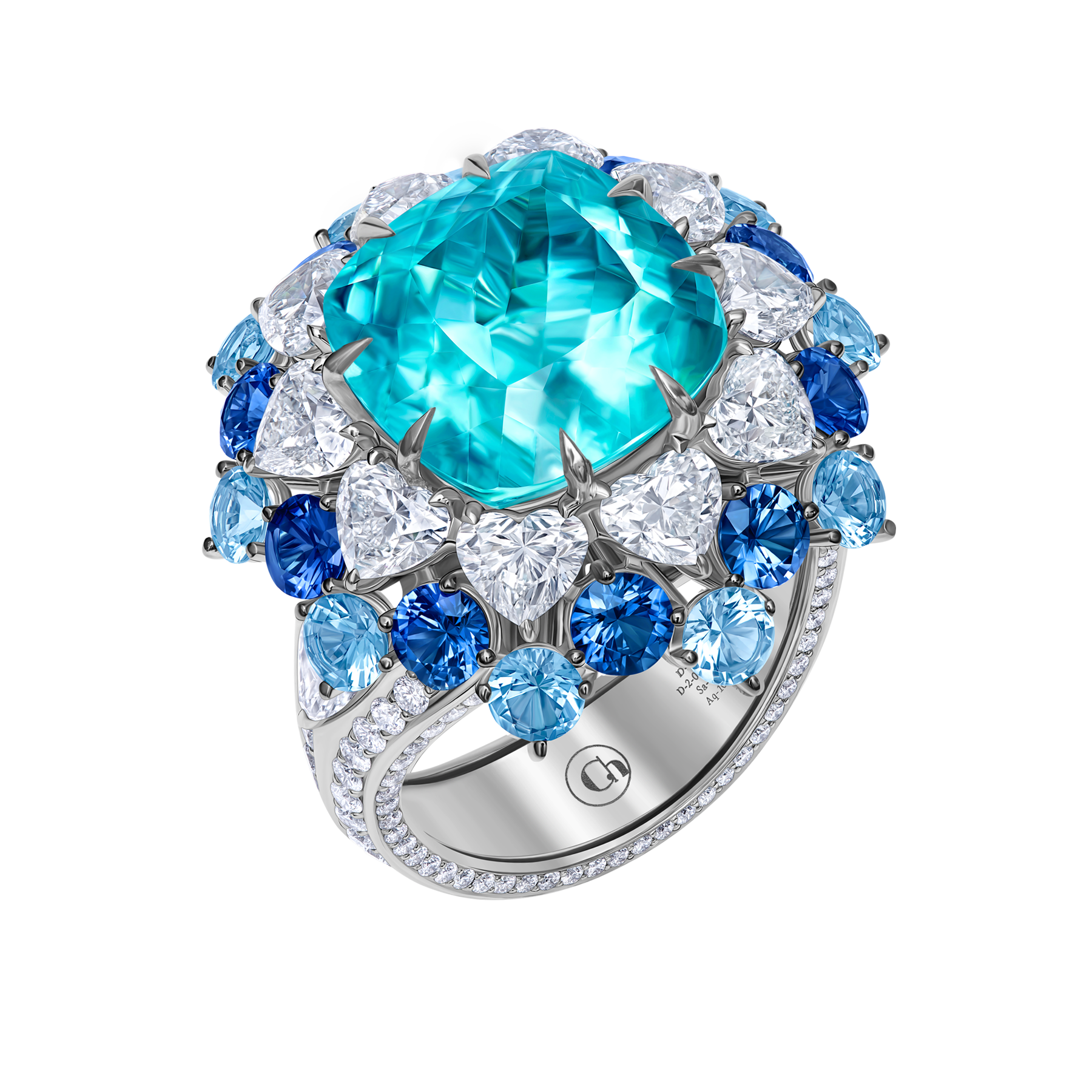 Кольцо с турмалином Параиба, бриллиантами, сапфирами и аквамаринами, белое золото