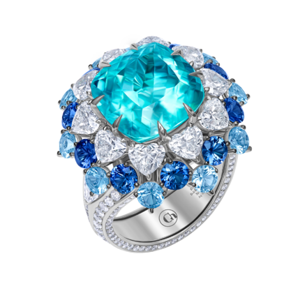 Кольцо с турмалином Параиба, бриллиантами, сапфирами и аквамаринами, белое золото