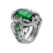 Кольцо с турмалином верделит, бриллиантами и изумрудами, белое золото