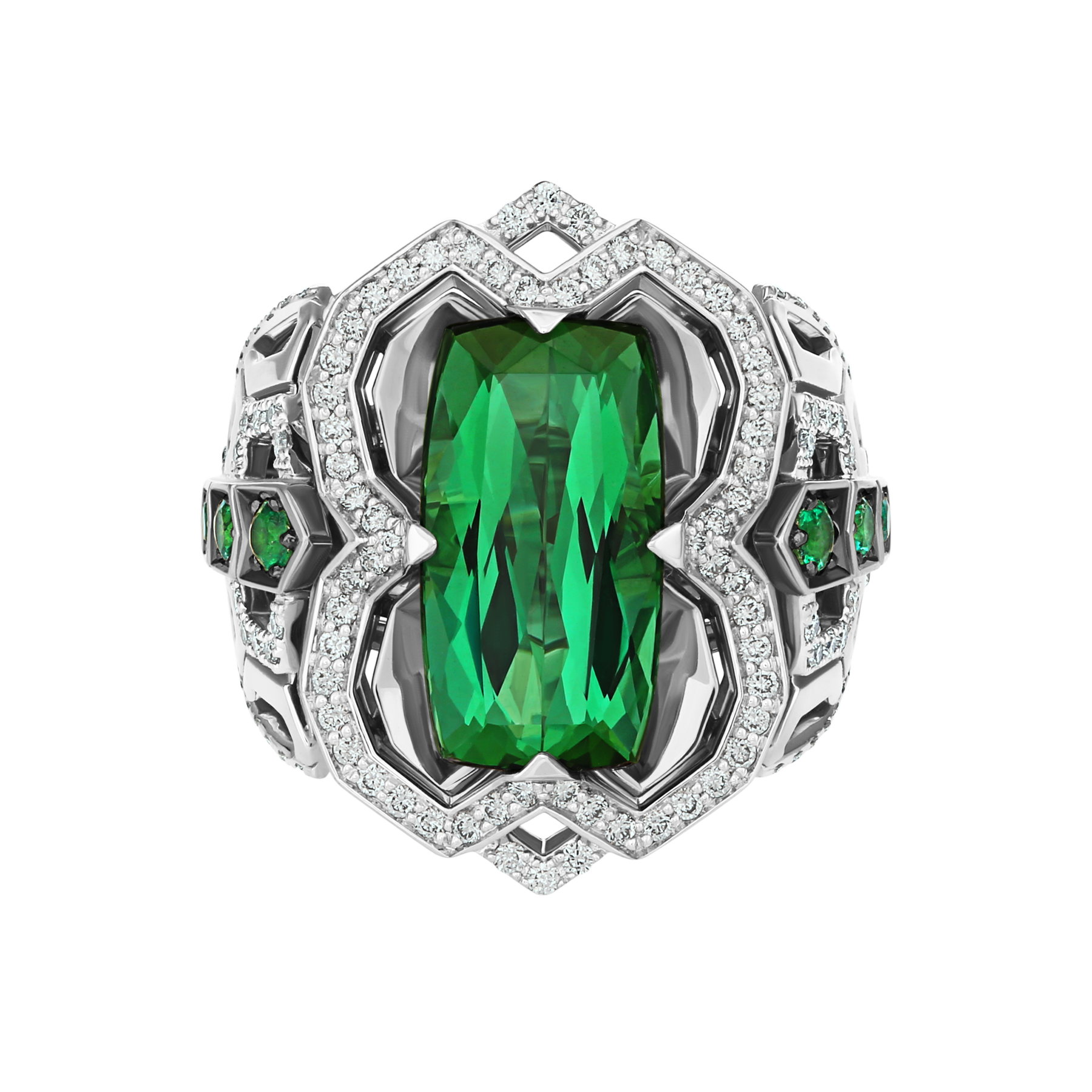 Кольцо с турмалином верделит, бриллиантами и изумрудами, белое золото