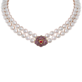 Колье с рубинами, розовыми сапфирами и жемчугом, желтое золото, нанокерамика