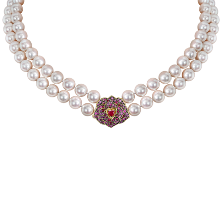 Колье с рубинами, розовыми сапфирами и жемчугом, желтое золото, нанокерамика
