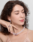 Колье с рубинами, розовыми сапфирами и жемчугом, желтое золото, нанокерамика