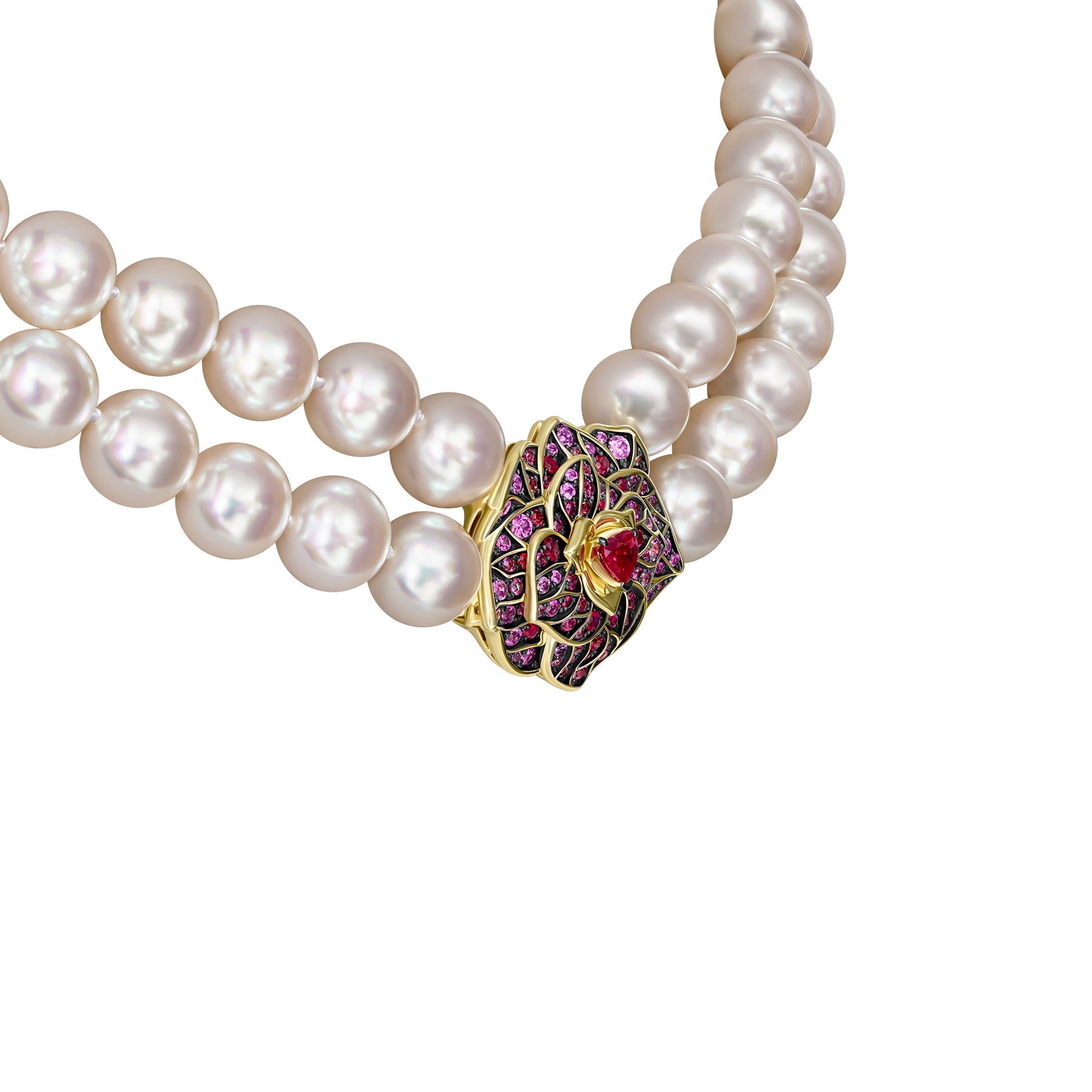 Колье с рубинами, розовыми сапфирами и жемчугом, желтое золото, нанокерамика