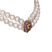 Колье с рубинами, розовыми сапфирами и жемчугом, желтое золото, нанокерамика