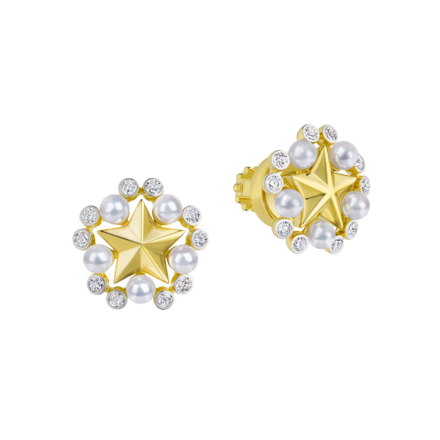 Пусеты с бриллиантами и жемчугом, желтое золото