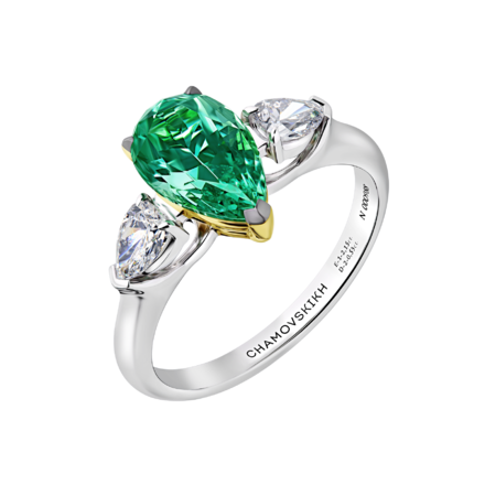 Помолвочное кольцо с изумрудом и бриллиантами, белое и жёлтое золото