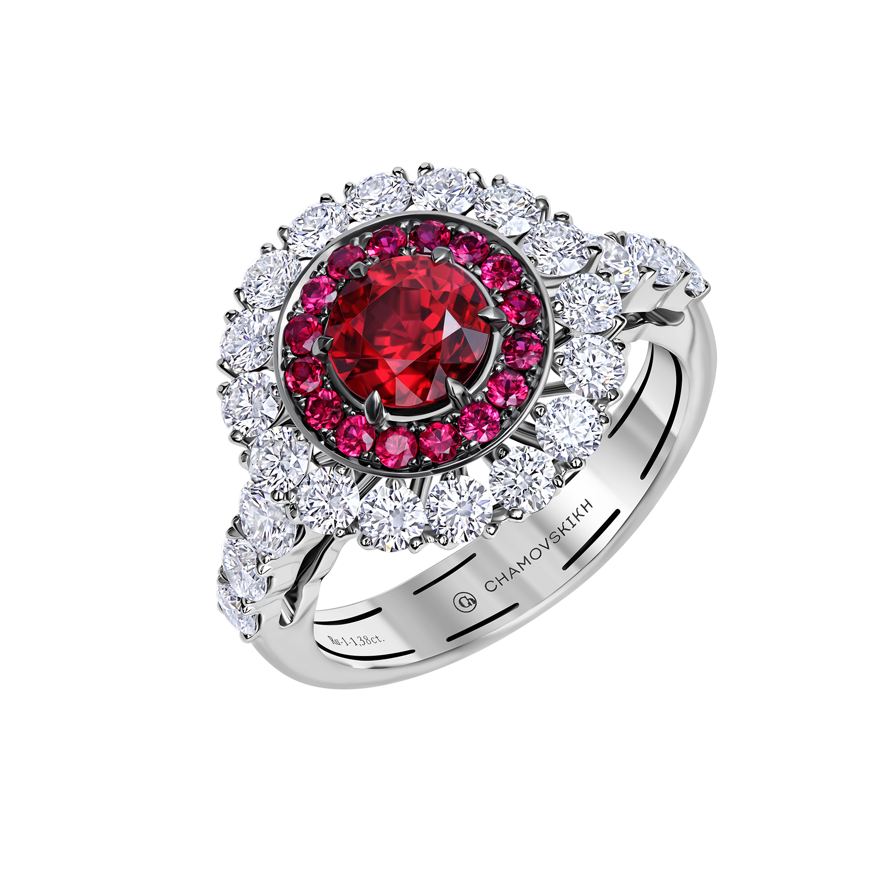 Кольцо с рубинами и бриллиантами, белое золото