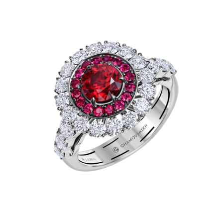 Кольцо с рубинами и бриллиантами, белое золото
