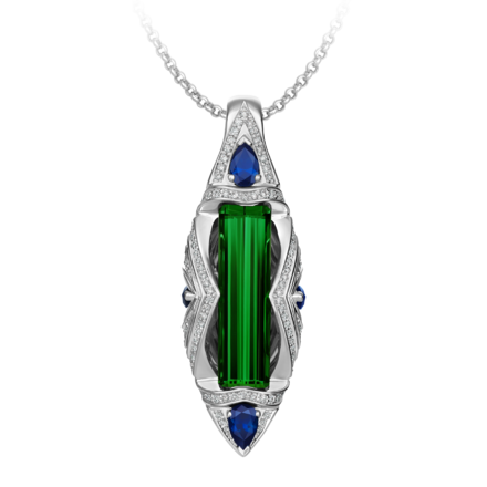 Подвес с турмалином верделит, бриллиантами и сапфирами, белое золото