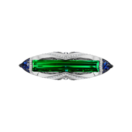 Брошь с турмалином верделит, бриллиантами и сапфирами, белое золото