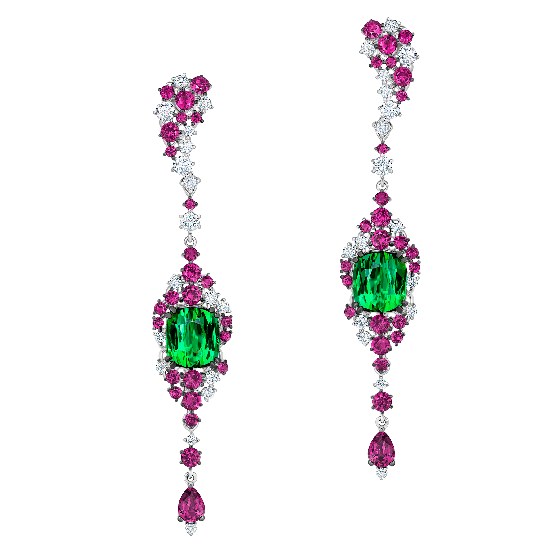 Серьги с верделитами, бриллиантами и рубинами, белое золото