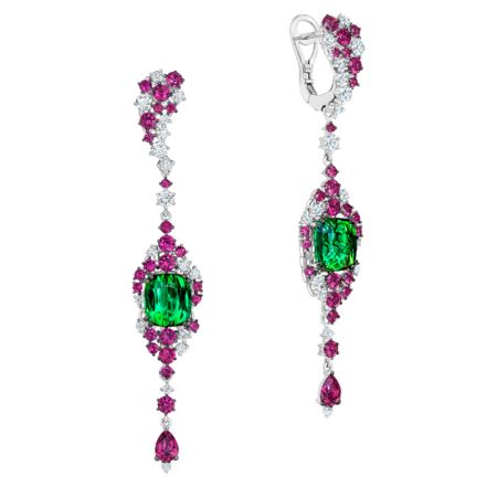 Серьги с верделитами, бриллиантами и рубинами, белое золото