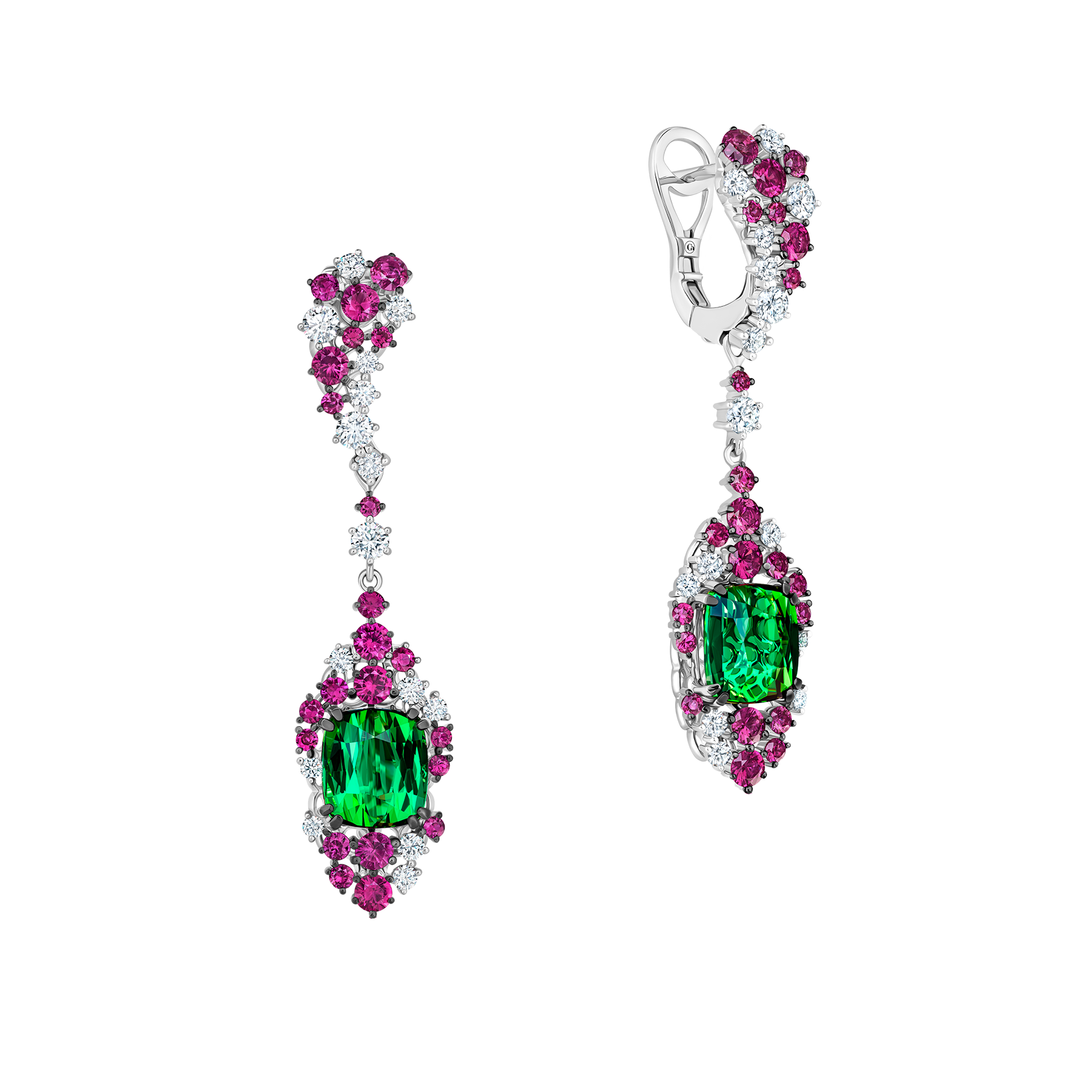 Серьги с верделитами, бриллиантами и рубинами, белое золото