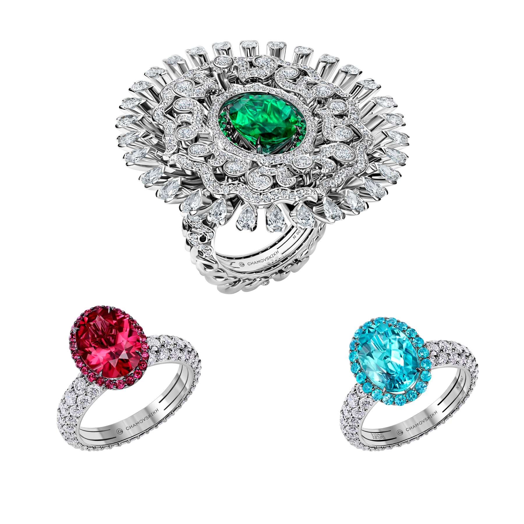 Кольцо с изумрудом, турмалином параиба, турмалином рубеллитом и бриллиантами, белое золото