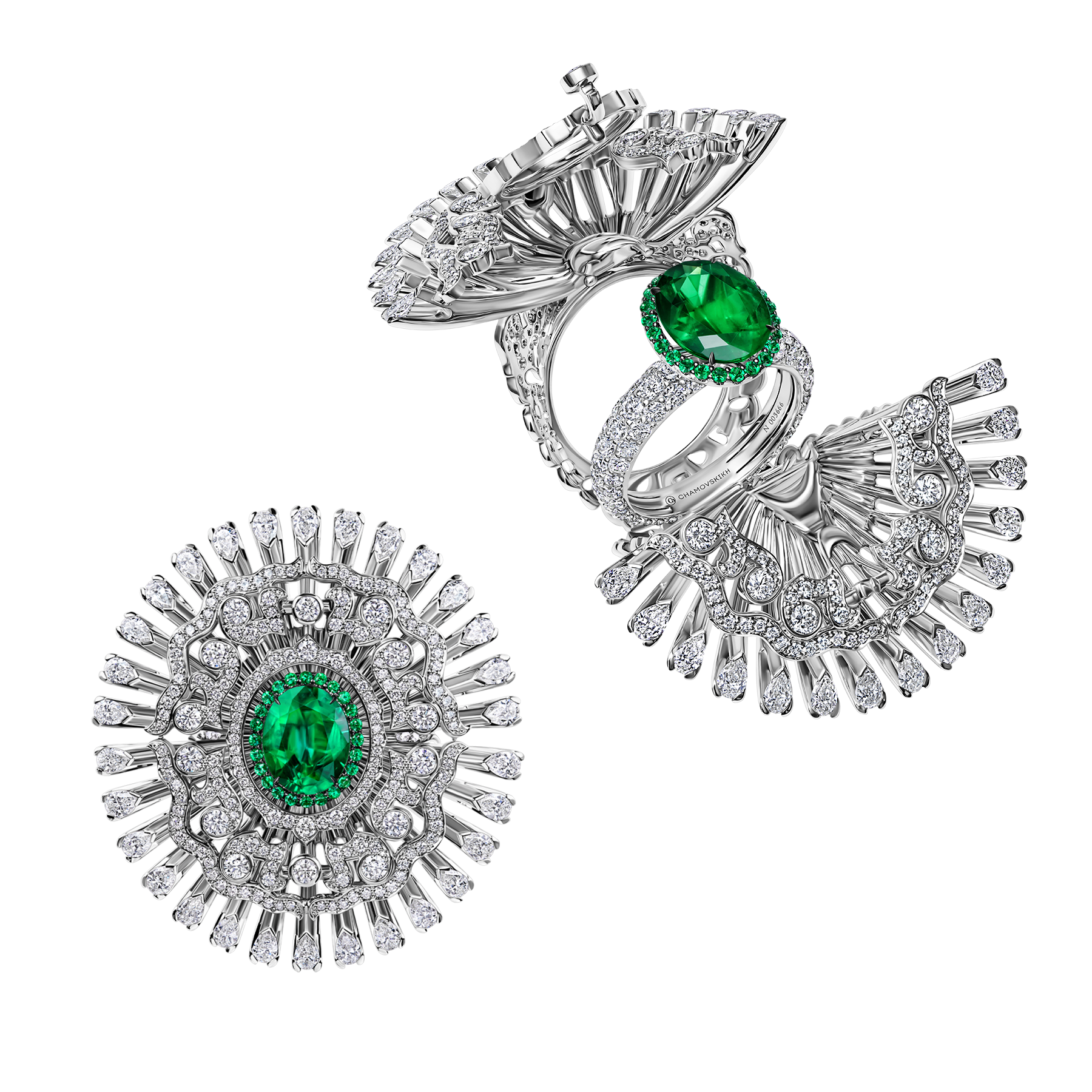 Кольцо с изумрудом, турмалином параиба, турмалином рубеллитом и бриллиантами, белое золото