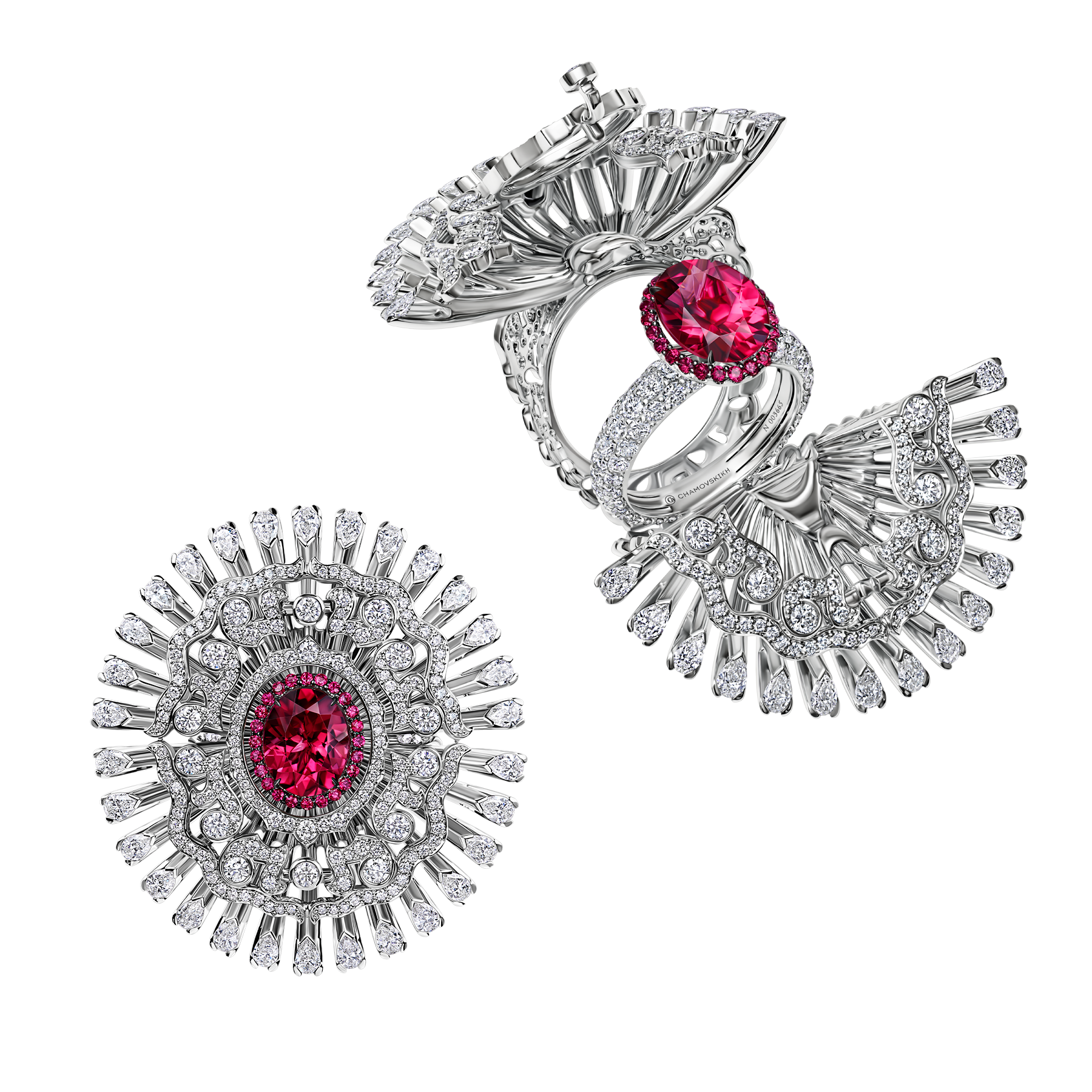 Кольцо с изумрудом, турмалином параиба, турмалином рубеллитом и бриллиантами, белое золото