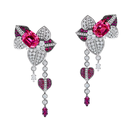 Серьги со шпинелью, рубинами и бриллиантами, белое золото