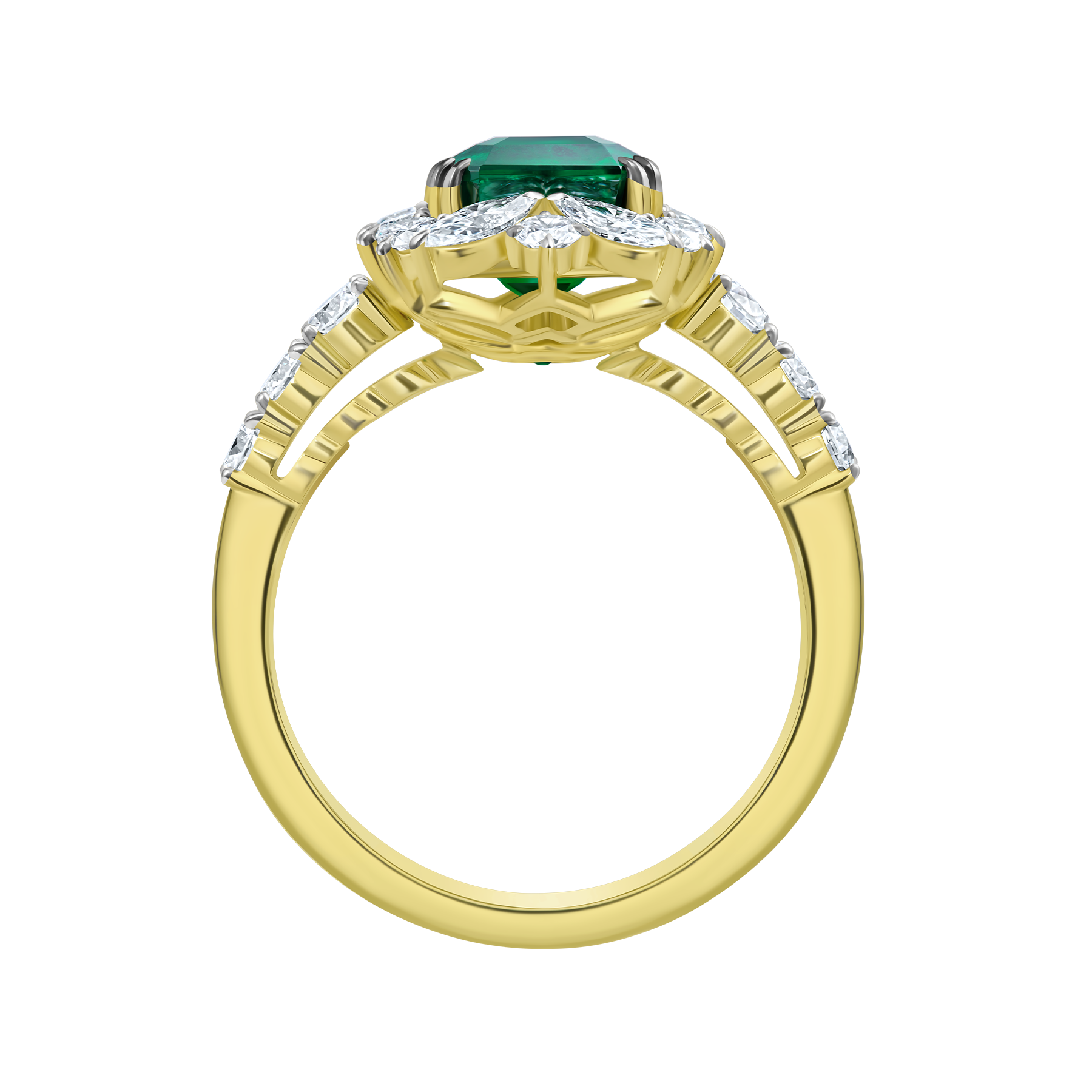 Кольцо с изумрудами и бриллиантами, желтое золото